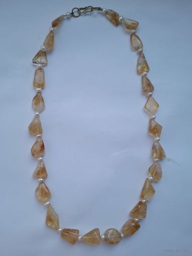 Бусы. Натуральный цитрин и жемчуг. 80-е годы. Длина 53 см