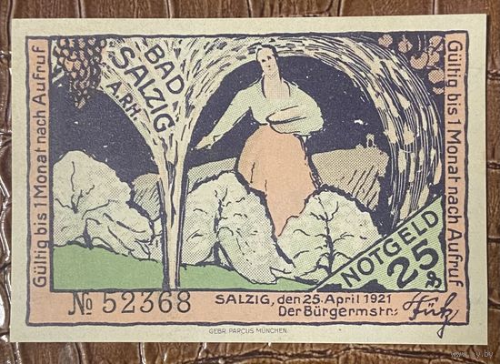 Нотгельд 25 пфеннигов 1921 год. Бад-Зальциг. Веймарская республика