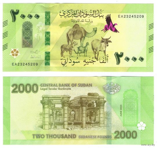 Судан 2000 фунтов 2025  год UNC  (НОВЫЙ ДИЗАЙН БАНКНОТ)