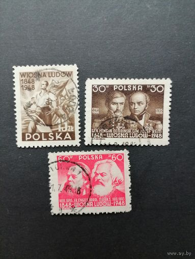 Польша 1948 Неполная серия марок "100 лет революции 1848 года" (гашение без клея, следы от наклеек) Mi.497-498,500 каталог 1.70 евро