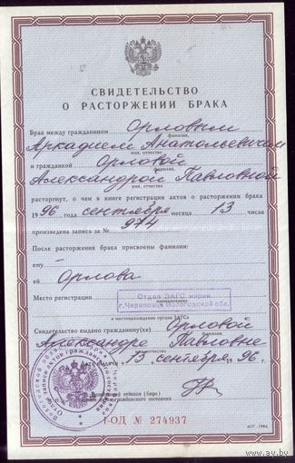 Свидетельство о расторжении брака