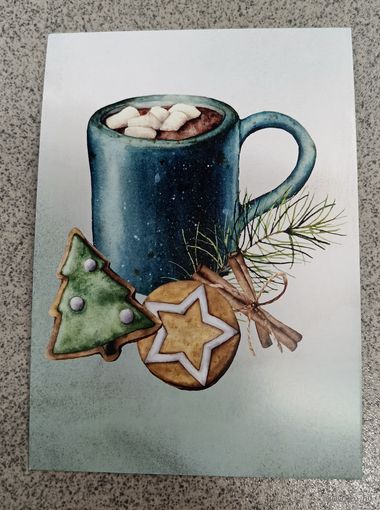 Открытка новогодние сюжеты: кружка с горячим какао, маршмеллоу ,пряники, корица. Чистая