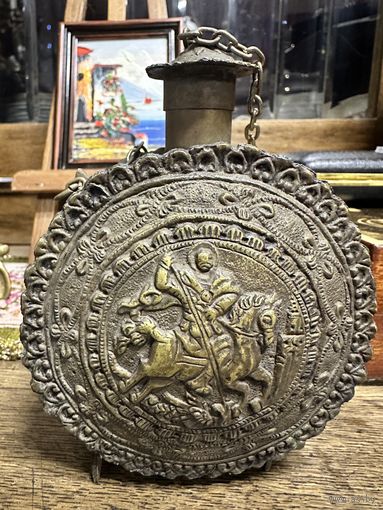 Пороховница с изображением Георгия Победоносца,бронза 19 век, Россия, много лотов с рубля