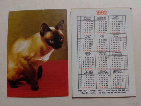 Карманный календарик. Котик.1992 год