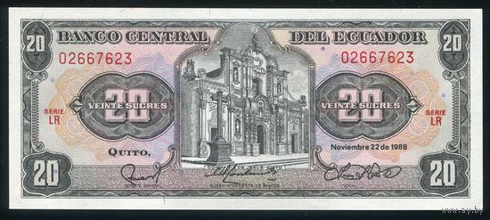 Эквадор. 20 сукре 1988 г. P121Aa.  Серия LR. UNC.