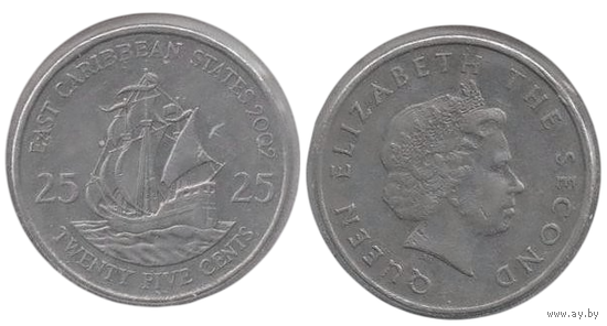 Восточно - Карибские Государства (Восточные Карибы). 25 центов 2002. Холдер. Корабль (галеон Ф. Дрейка "Golden Hind"). Парусник.
