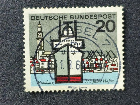 Германия 1964. Столицы земель Федеративной Республики Германия. Лайнер "Лихтенфельс" и церковь Святого Михаила в Гамбурге