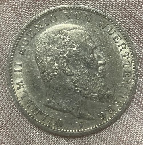 Монета 3 марки 1909 год. Вюртемберг. Германская империя.