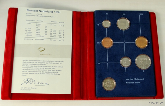 Нидерланды, годовой набор монет (Голландия) 1994 год, 5+10+25 центов 1+2,5 гульдена + жетон, Proof.