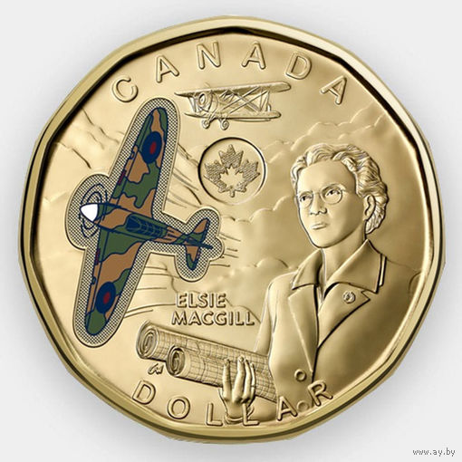 Канада 1 доллар 2023 авиаинженер Элси МакГилл, Самолет, Авиация. цветная