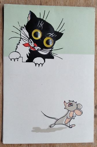 Пинская открытка. Кот и мышка. 1967 г. Двойная. Подписана.