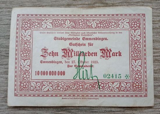 Werty71 Германия 10 миллиардов марок 1923 банкнота Эммендинген Фрайбург Баден