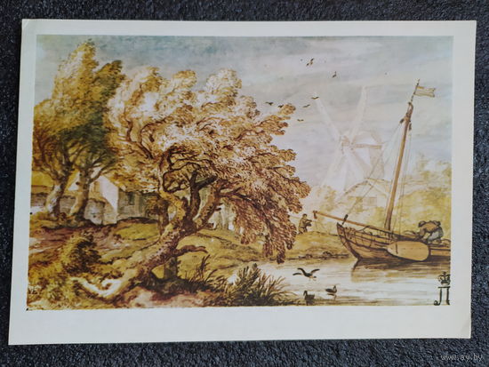 Открытка Алларт Ван Эвердинген. 1621 – 1675. Голландская школа. Пейзаж с лодкой. Акварели западноевропейских мастеров. Государственный Эрмитаж.