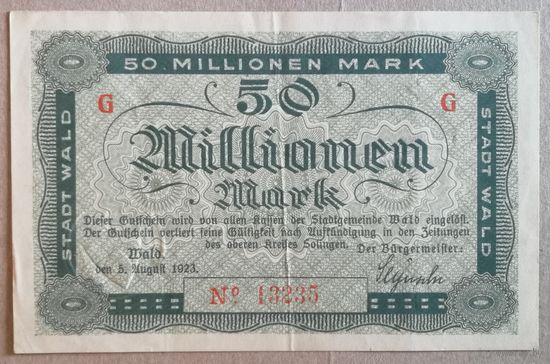 Германия 50 млн марок 1923 г Вальд (Золинген прусские провнции на Рейне) XF тисненая печать В/З 5381.f