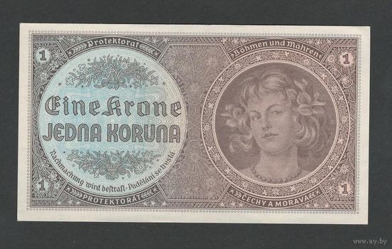 Чехословакия Богемия и Моравия 1 крона 1940 года. Без перфорации. Тип P-3. Состояние UNC