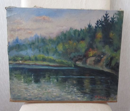 Все лоты с рубля.Пейзаж старый х\м,38 \32 см,подпись