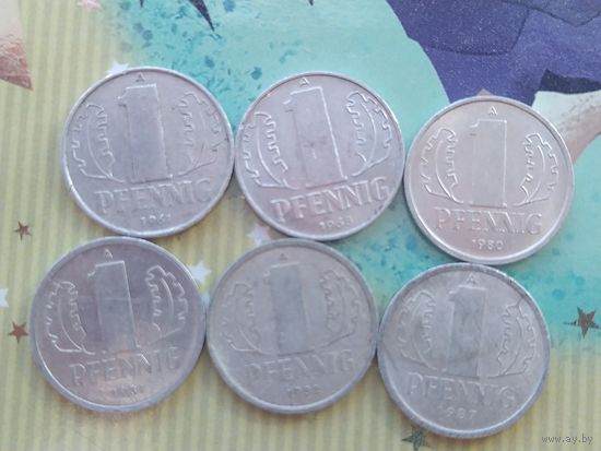 6 монет 1 пфенниг Германия ГДР 1961,1968,1980,1981,1982,1987 года  лот 8
