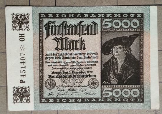 Германия, германский рейх 5000 марок 1922 г., Ro.80c, DEU-91, Wz Gitter mit 8.  #6