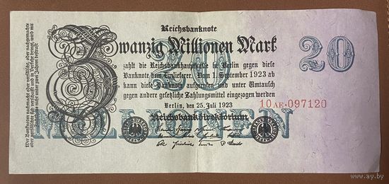 Банкнота 20 миллионов марок 1923 год. Веймарская республика