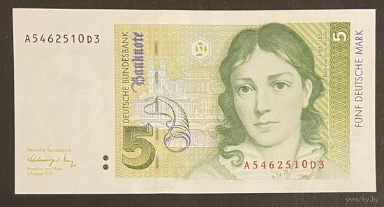 Банкнота 5 марок 1991 год. ФРГ. Беттина фон Арним. НЕ БЫЛА В ОБОРОТЕ.
