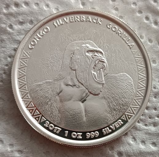 Конго 5000 франков 2017 Горилла унция 999
