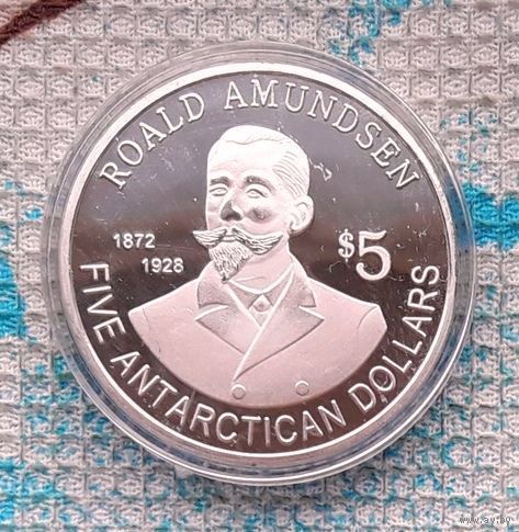 Антарктида 5 долларов 2011 года, Proof. Материк Антарктида. Пингвин. Рауль Амедсен 100 лет со дня покорения Южного полюса Земли. Сторгуй за свою цену, предложи обмен!