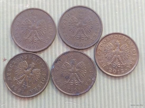 2 гроша Польша 1991,1992,1998,1999,2012 годы лот 9, 5 монет
