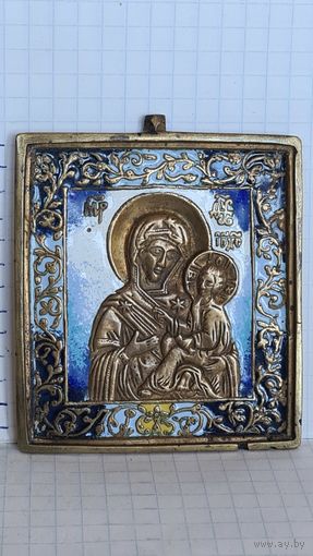 ИКОНА ПЛАСТИКА БОГОРОДИЦА  МЕДНО ЛИТОЙ СПЛАВ ЭМАЛЬ 19 ВЕК