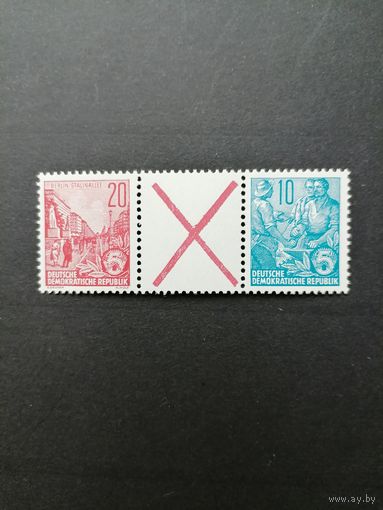 ГДР 1955 Сцепка горизонтальная из марок стандарта "Пятилетка" (чистая**) Mi.WZ3 455x+Z+453x каталог 14.00 евро