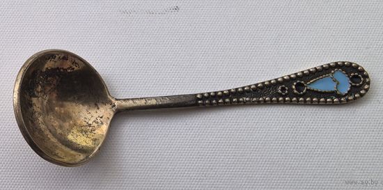 Серебряная ложечка  СССР. для соли. 875 проба. Миниатюрная. золочение . горячая эмаль..