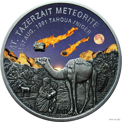 Республика Нигер 1000 франков 2016г. "Метеорит Tazerzait - Хондрит L5". Монета в капсуле; подарочном футляре; номерной сертификат; обложка. СЕРЕБРО 31,10гр.(1 oz).