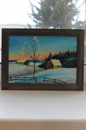 Картина в интерьер "Зимний хуторок" акрил,двп.
