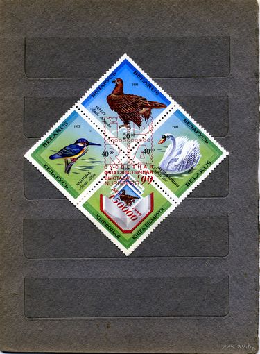 Беларусь, 1999, СПЕЦГАШЕНИЕ  на марках 44-46(Мартынов)   ,  серия 3м+купон ФИЛ. ВЫСТАВКА     (СЦЕПКА)
