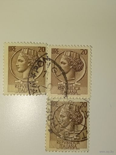 Италия 1955 Марка изображает профиль Аретузы, отсылка к древним сиракузским монетам.