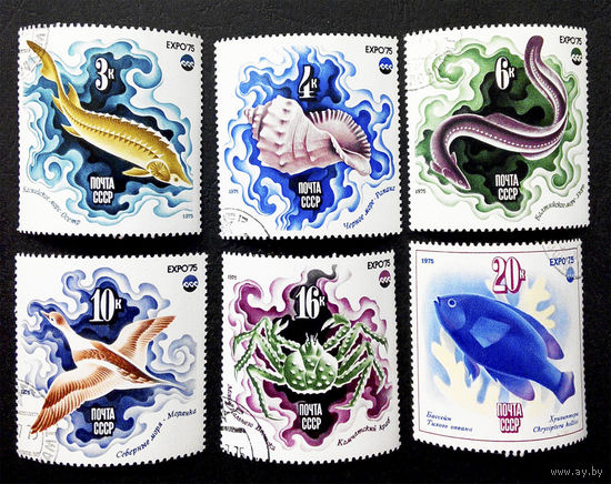 СССР 1975 г. Морская Фауна. Выставка EXPO 75, полная серия из 6 марок #0011-Ф2P3