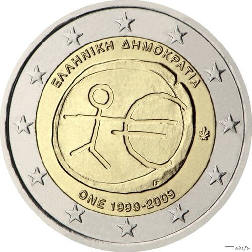 2 евро 2009 Греция 10 лет монетарной политики ЕС UNC из ролла