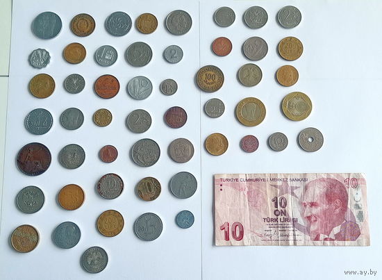 РАСПРОДАЖА - 52 монеты мира + банкнота Турции, вес 250 гр монет, все одним лотом, без МЦ!!!