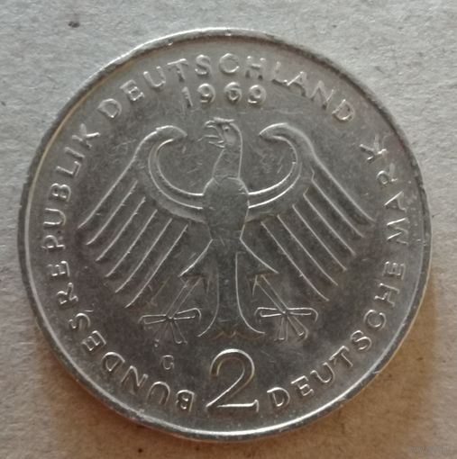 Германия 2 марки, 1969 Конрад Аденауэр, 20 лет Федеративной Республике (1949-1969) Отметка монетного двора: "G" - Карлсруэ, KM# 124