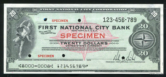 Дорожный чек Образец 20 долларов Сити Банк США First National City Bank