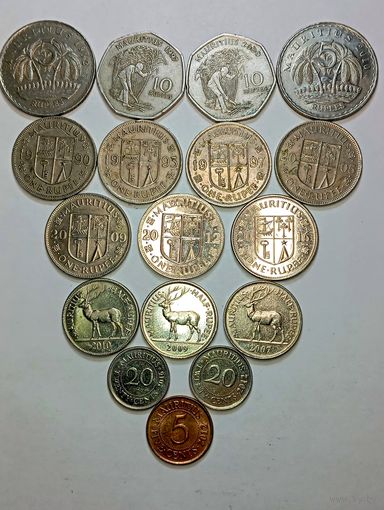 Маврикий 20 рупий 1997 , 2000 года , 5 рупий 1992 , 2010 года 1 рупия 1990 , 1993 , 1997 , 2005 , 2009 , 2012 , 2016 года , 1/2 рупии 2007 , 2009 , 2010 года , 20 центов 2012 , 2016 года и 5 ц. 2012
