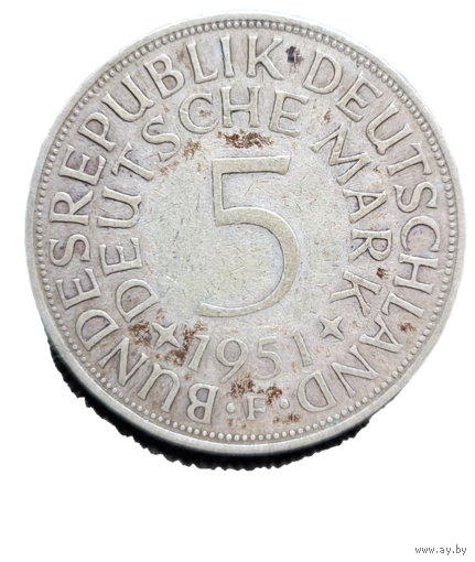 5 марок 1951 F ФРГ Первый год чекана! Серебро 11.2 грамма 625 пробы! ВОЗМОЖЕН ОБМЕН!