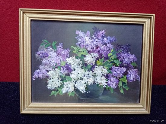 С рубля без мц. небольшая картина "Сирень", 22х17см. масло фанера