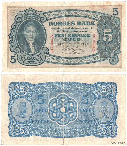 НОРВЕГИЯ 5 Крон 1943 г., P-7c (Вильгельм Кристи - 1-й Председатель Парламента)