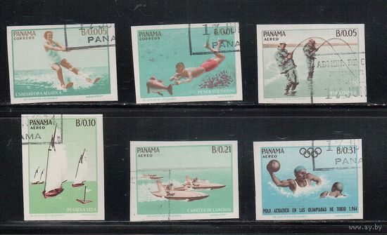 Панама-1964 (Мих.740-745) , гаш.  , Спорт,  ОИ-1964, Рыбалка(полная серия) БЗЦ
