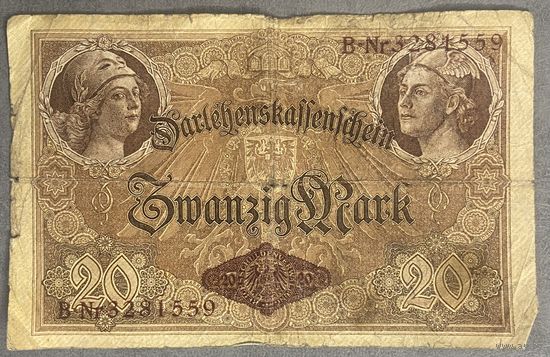 Банкнота 20 марок 1914 год. Германская империя.
