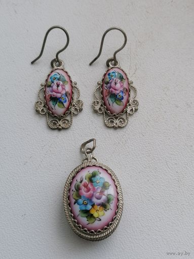 Серьги и кулон - лакет Ростовская финифть