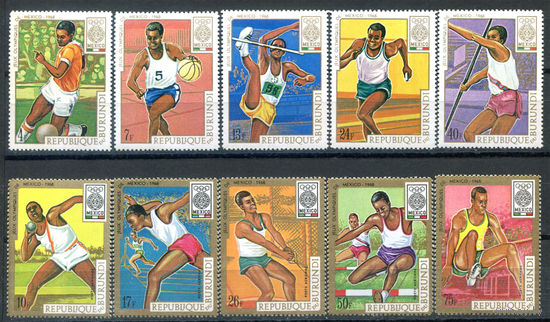 Бурунди - 1968г. - Летние Олимпийские игры - 10 марок - полная серия, MNH, 4 марки с небольшим пожелтением клея, 2 с отпечатками на клее [Mi 446 A - 455 A]. #3-Bu-Z-1-23