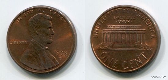 США. 1 цент (1993, буква D, XF)