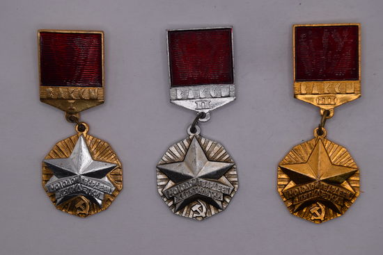 Нагрудный знак. "Молодой гвардеец пятилетки". Комплект. 1, 2, 3 степень. СССР.