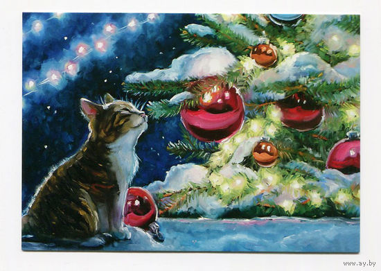 Открытка. С новым годом! Ёлочка. Фауна. Животные. Котики. Серый котенок. Игрушки на ёлке. Худ. С.Шамшурина (чистая)